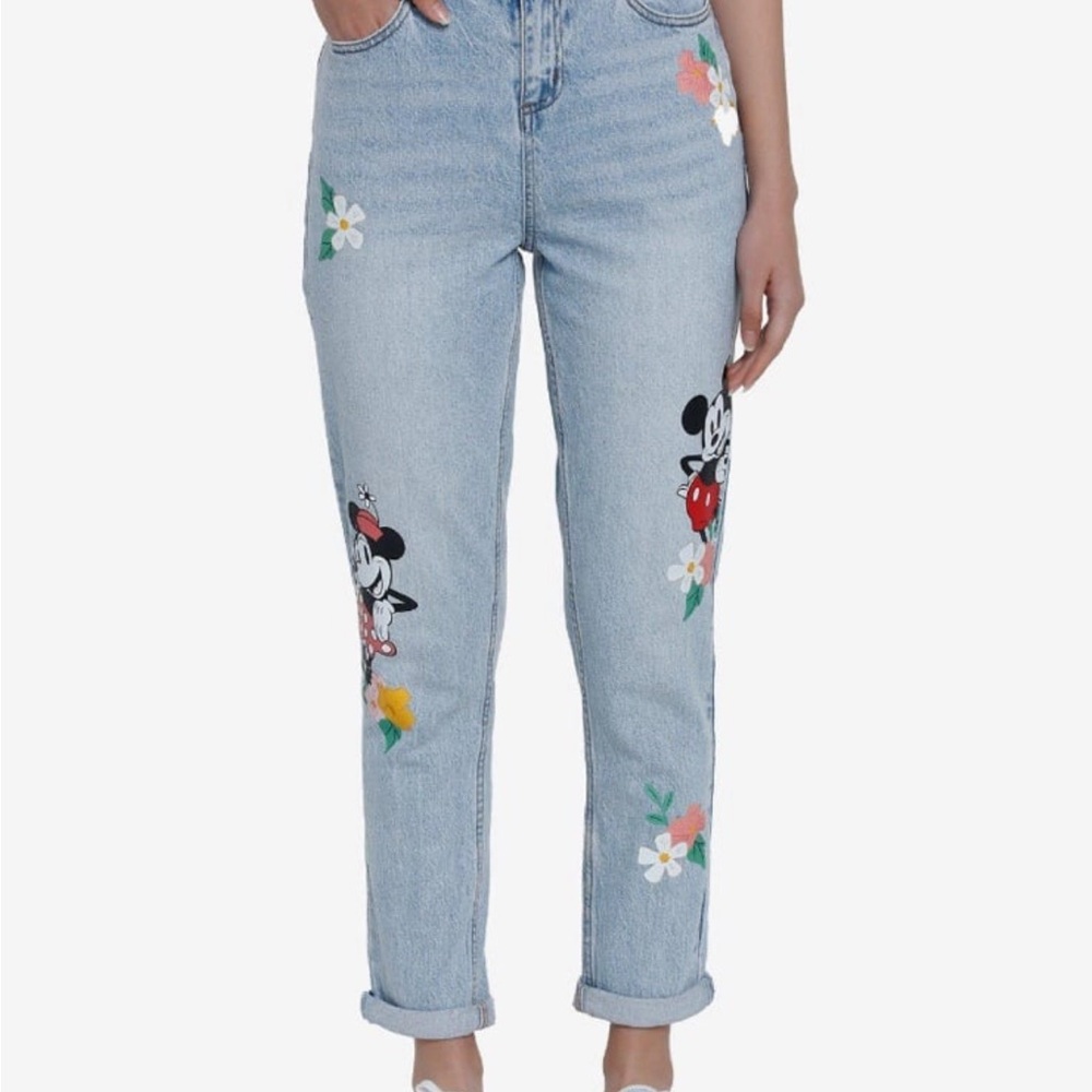 Disney Blue Straight Leg Jeans with Mickey Mouse Embroidery